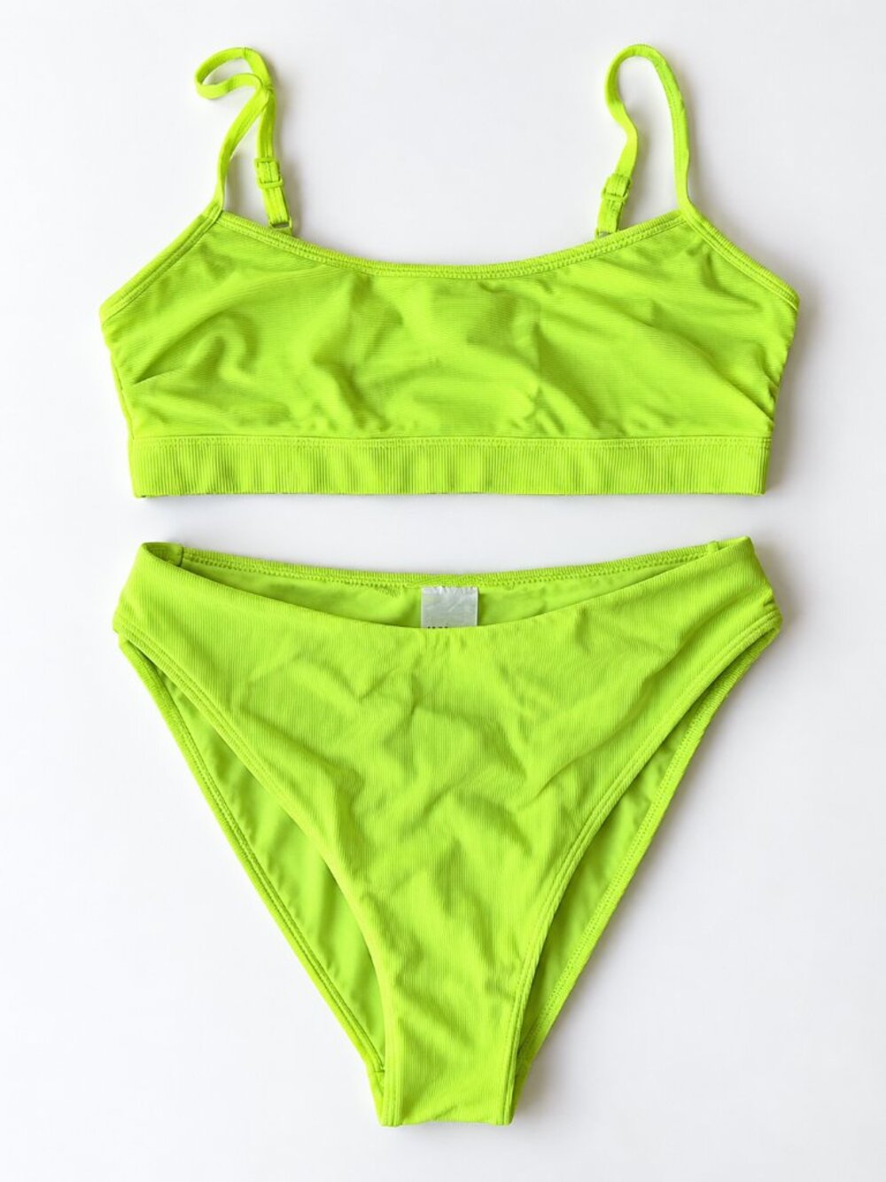 H&M Neon Lime Yellow Ribbed Bikini Set Size 8 High Waisted Adjustable Straps